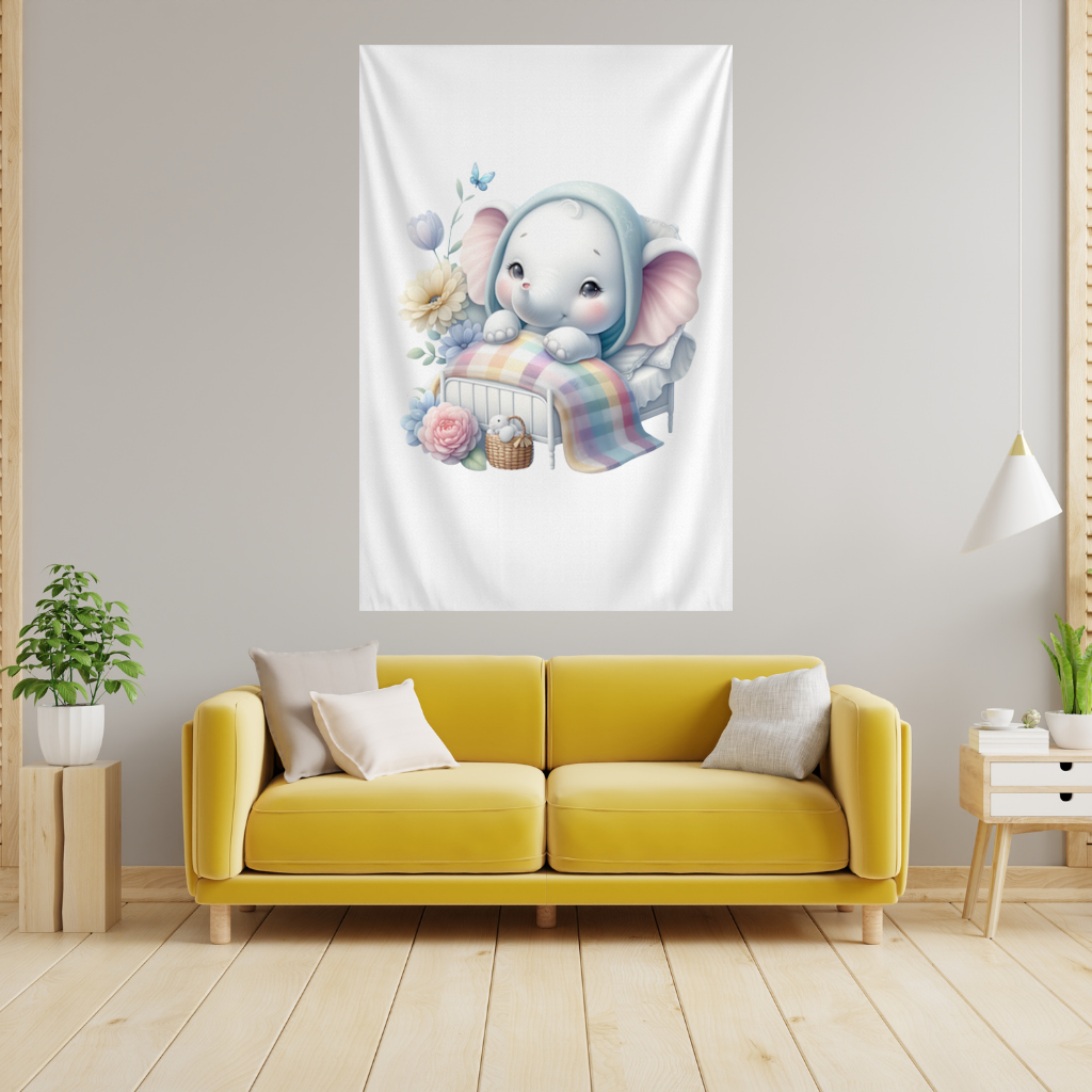 Sleeping Baby Elephant in Bed Wall Tapestry