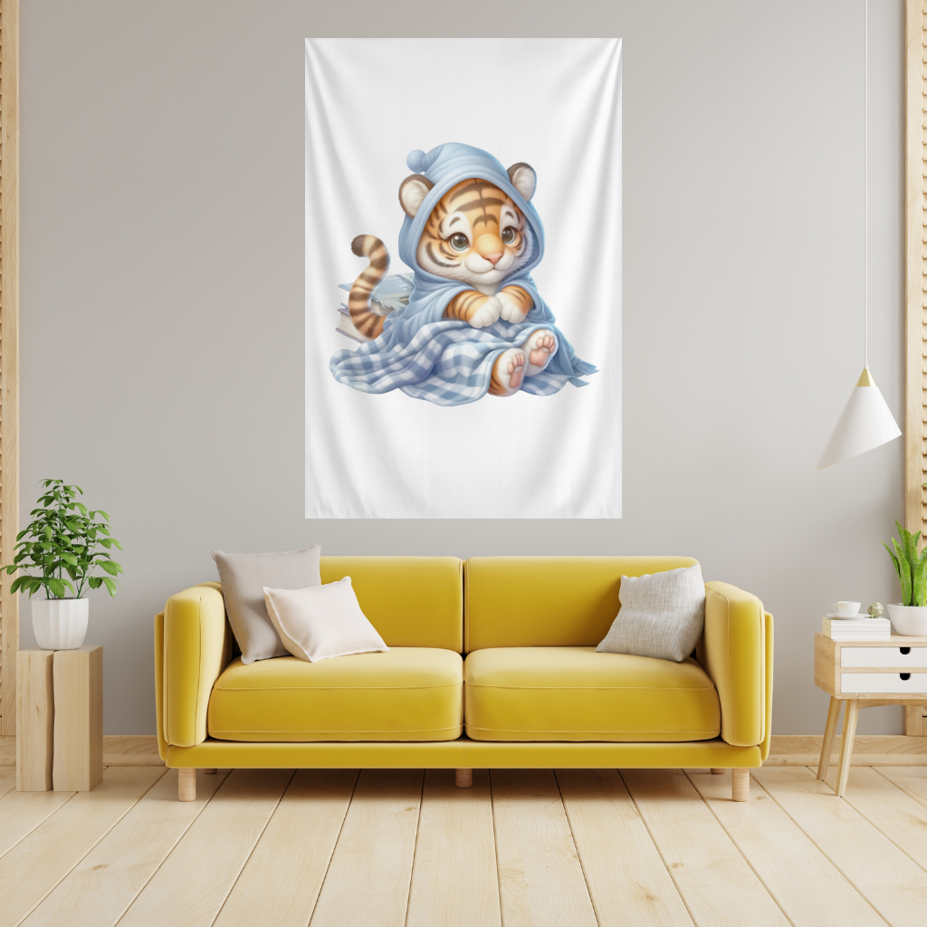 Sleepy Baby Tiger Cub on Books Wall Tapestry