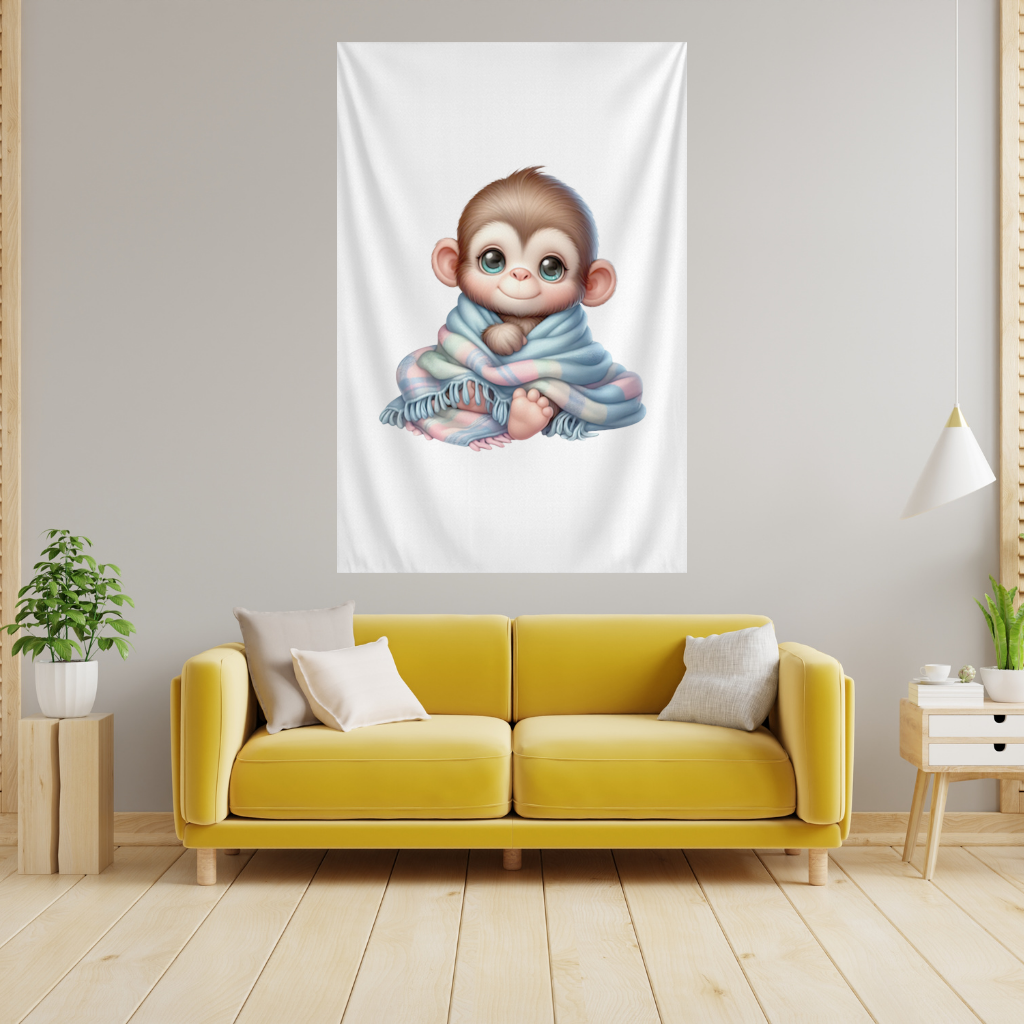 Cute Baby Monkey Wrapped in Blanket Wall Tapestry
