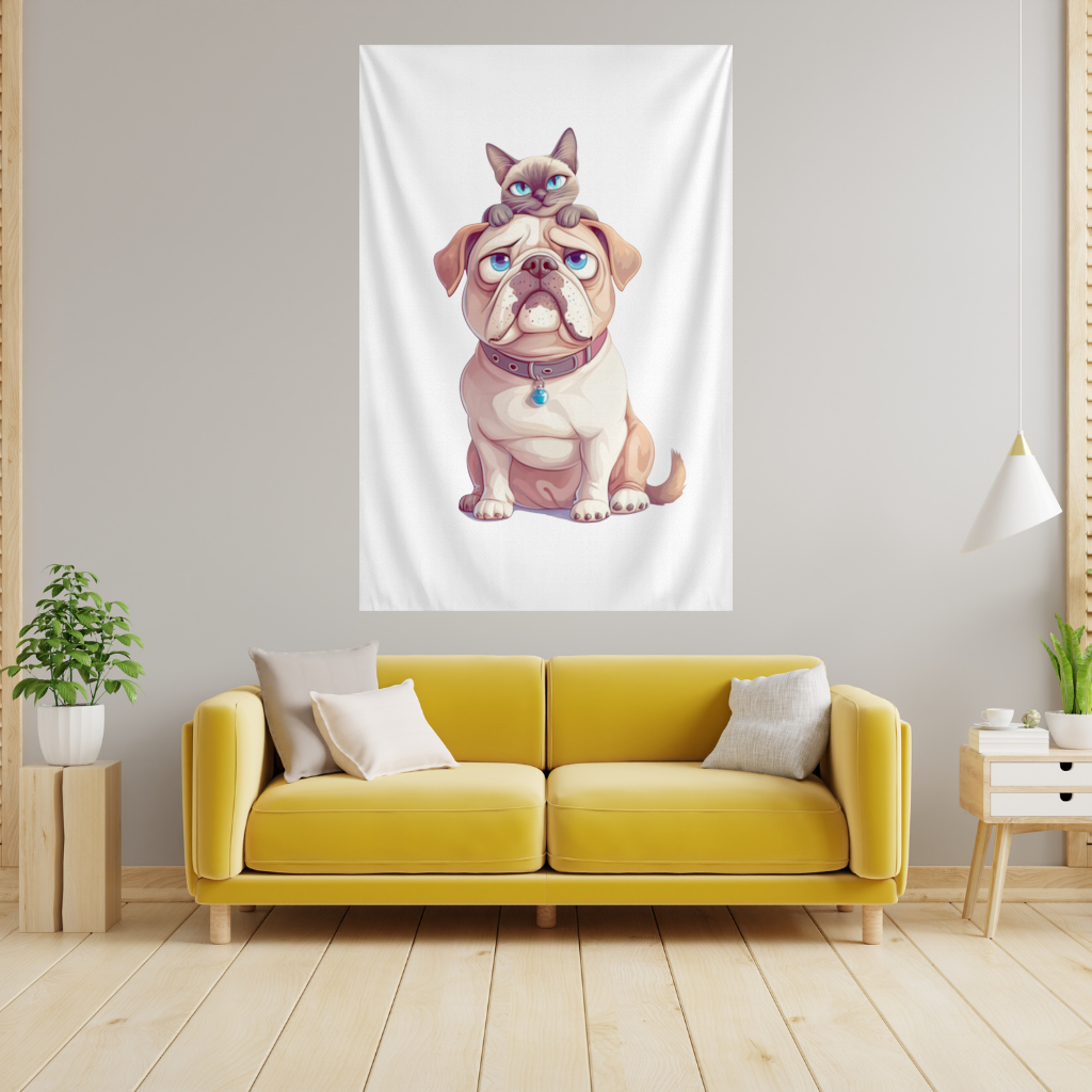Sad Pug with Siamese Cat on Head Wall Tapestry