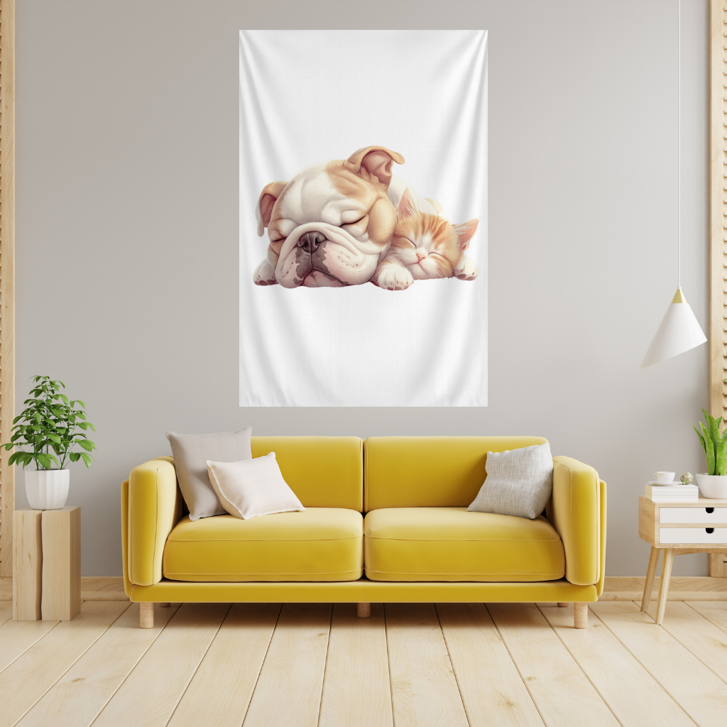 Sleeping Bulldog and Ginger Kitten Wall Tapestry