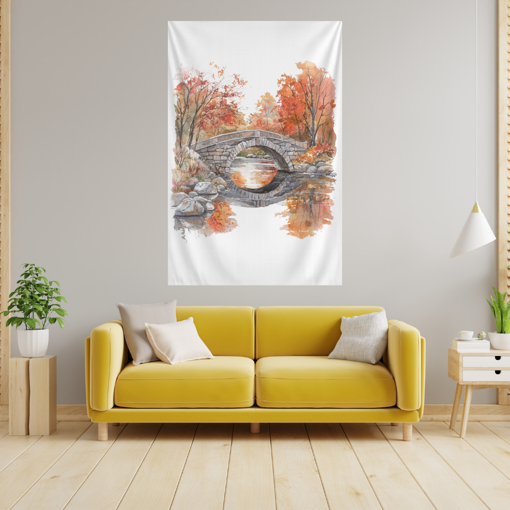 Autumn Stone Arch Bridge Over River Wall Tapestry