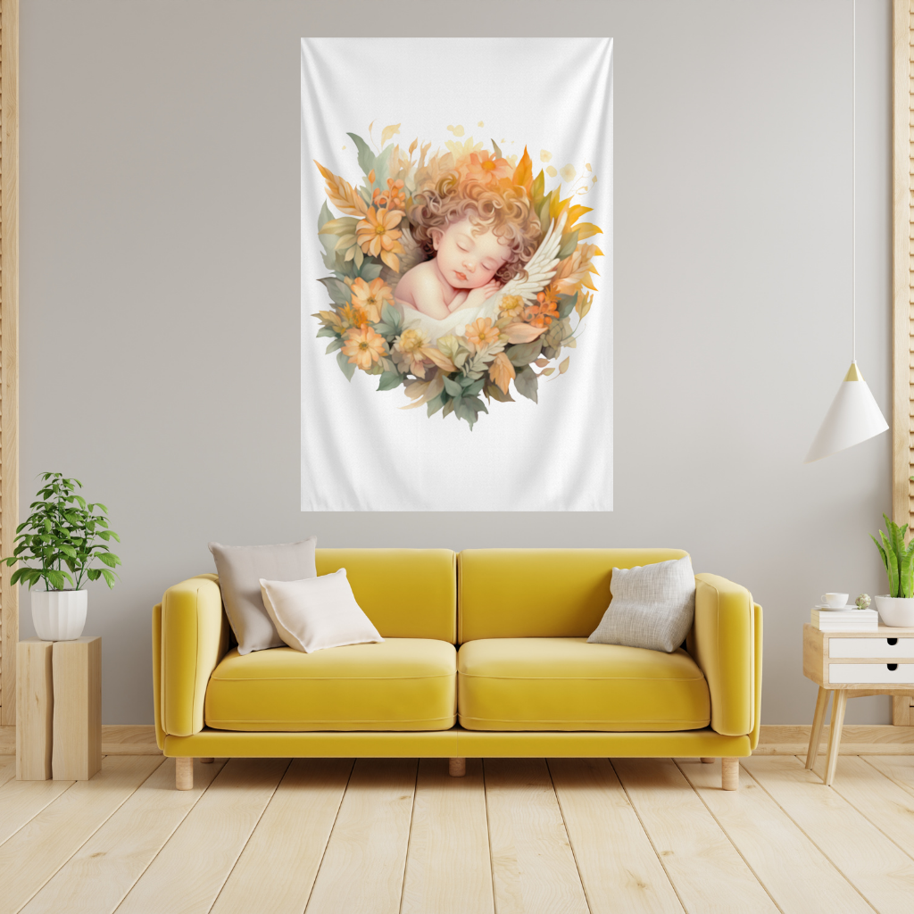 Sleeping Cherub in Cottagecore Flowers Wall Tapestry