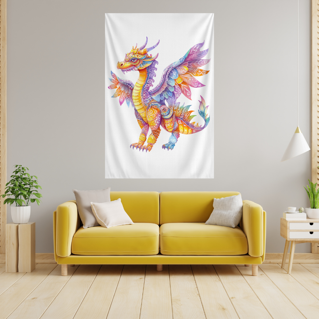 Vibrant Rainbow Mythical Dragon Wall Tapestry