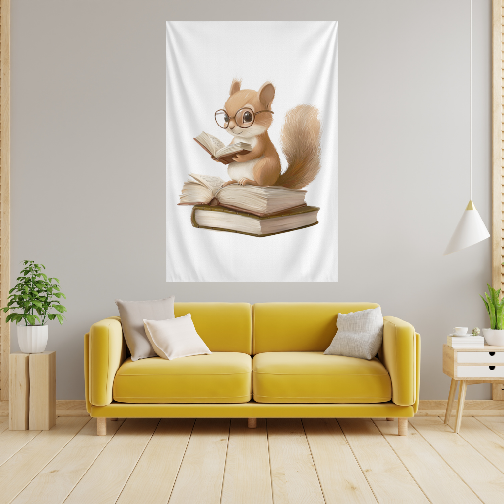 Scholarly Squirrel Reading on Book Stack Wall Tapestry