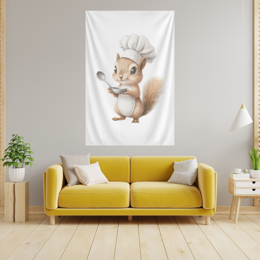 Whimsical Little Chef Squirrel Wall Tapestry