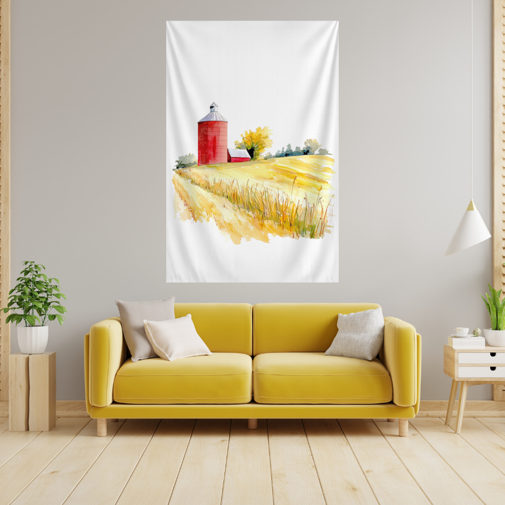 Red Farm Silo and Golden Wheat Field Wall Tapestry
