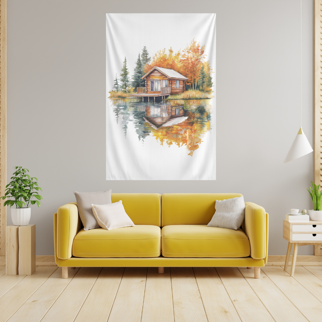 Lakeside Log Cabin Autumn Landscape Wall Tapestry