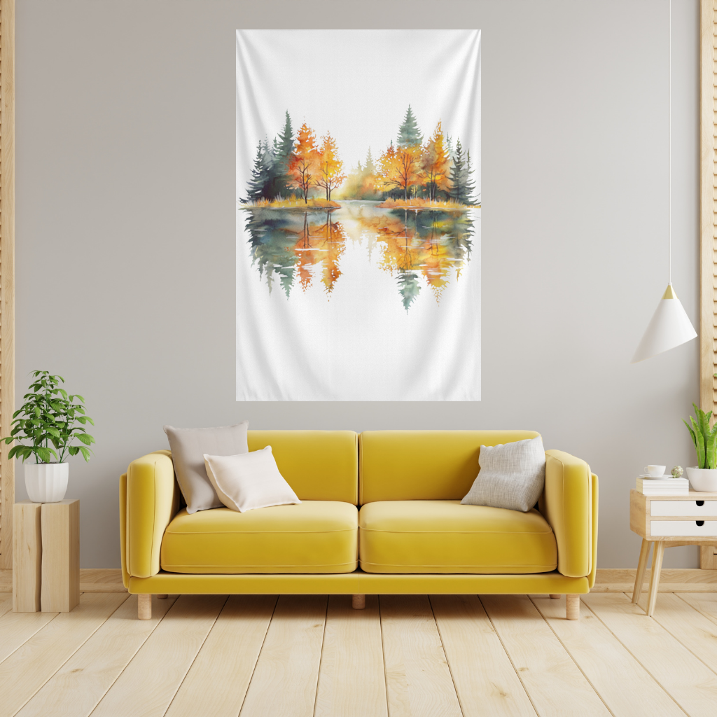 Autumn Forest Lake Reflection Wall Tapestry
