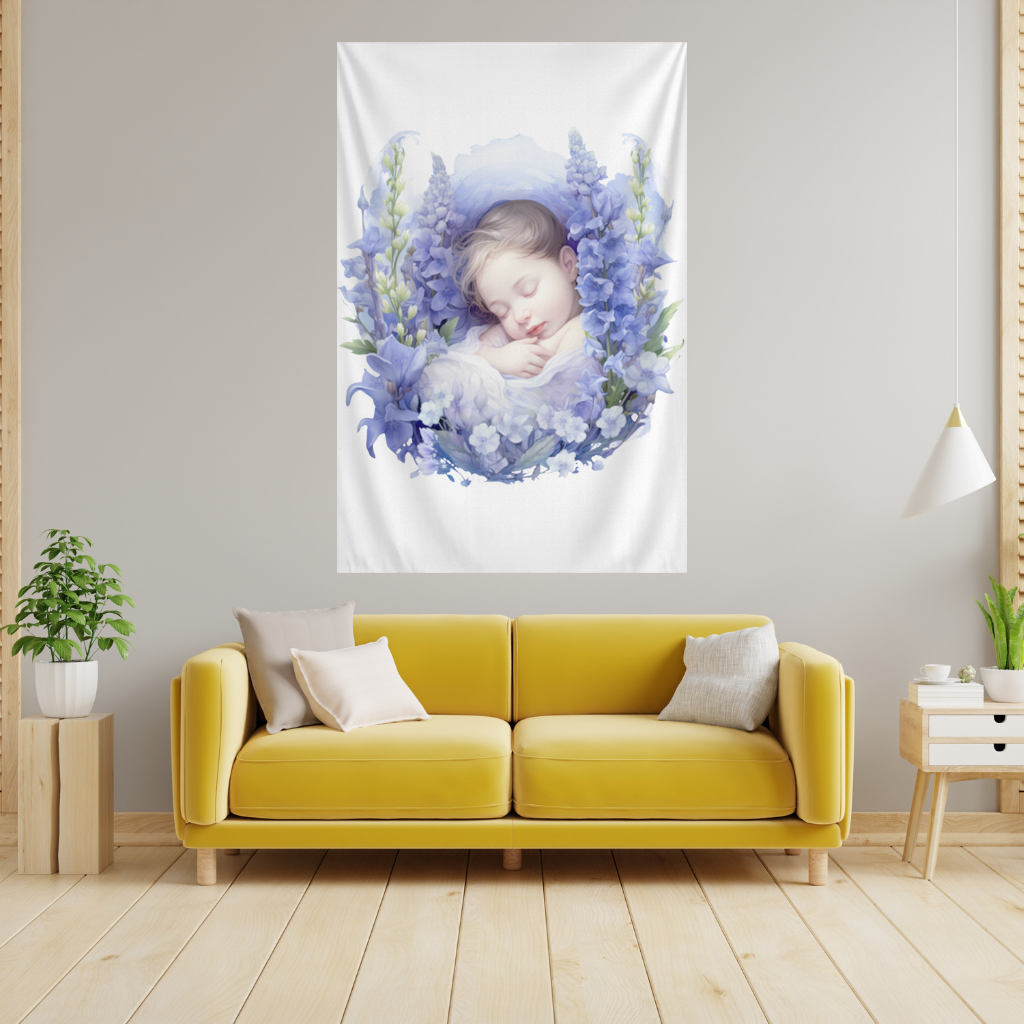 Sleeping Baby Blue Larkspur Wall Tapestry