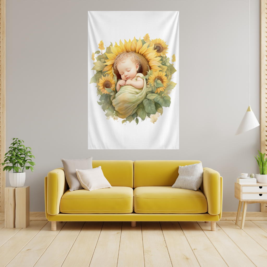 Sleeping Baby in Sunflower Wall Tapestry