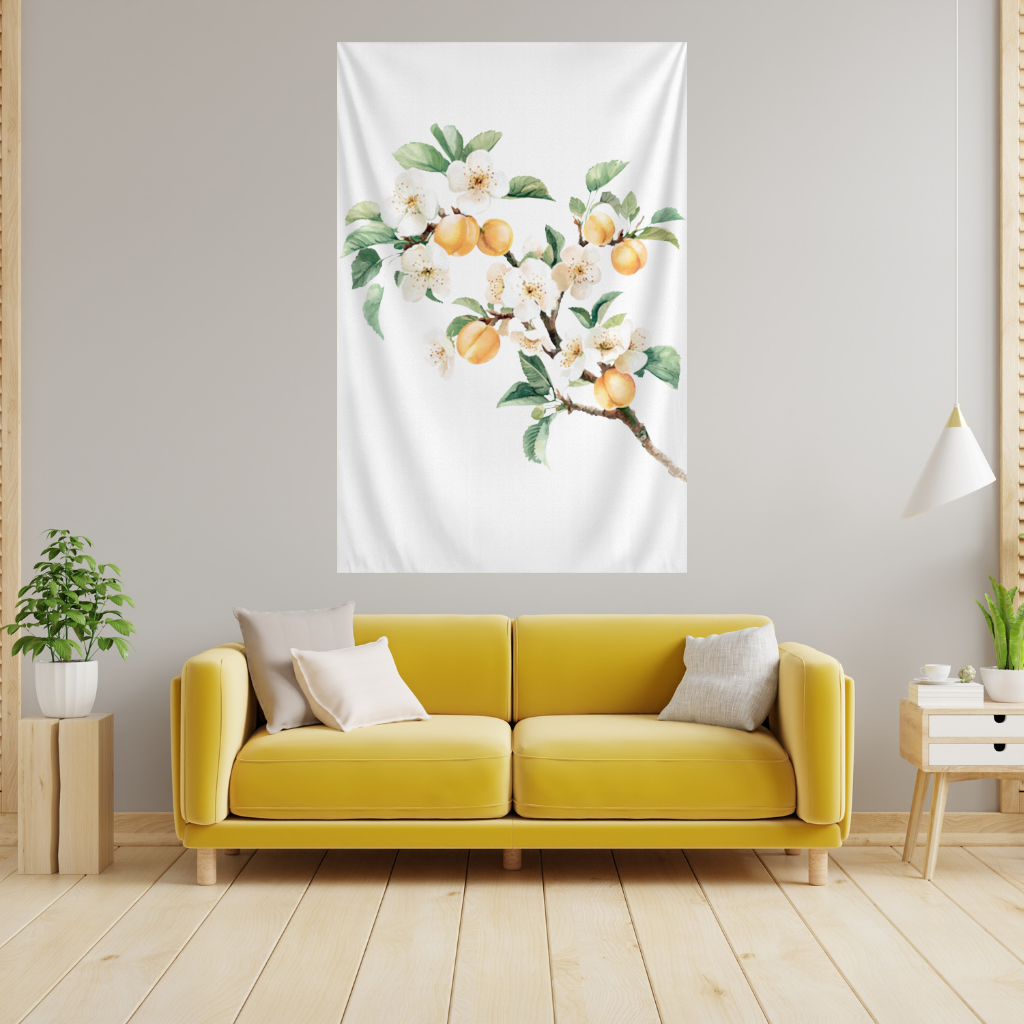 Watercolor Apricot Blossom Branch Wall Tapestry