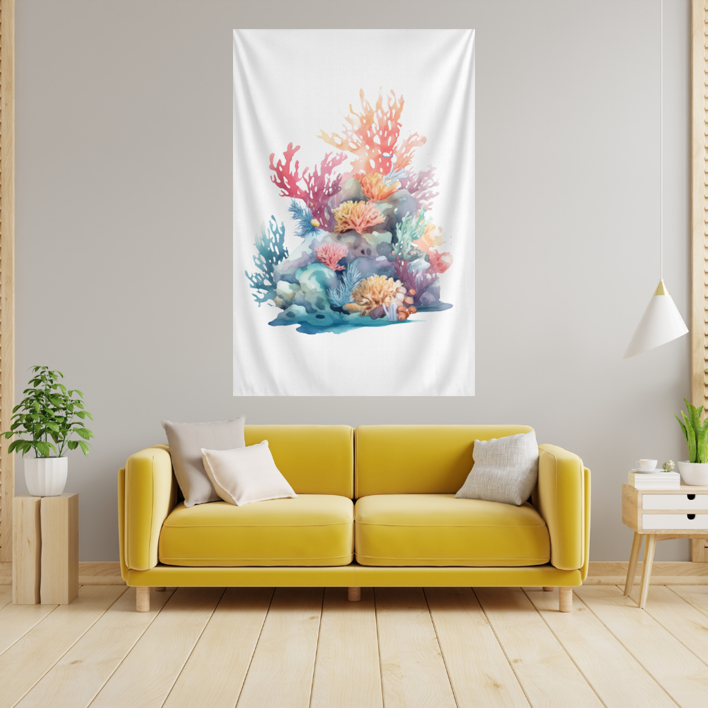 Vibrant Watercolor Coral Reef Scene Wall Tapestry