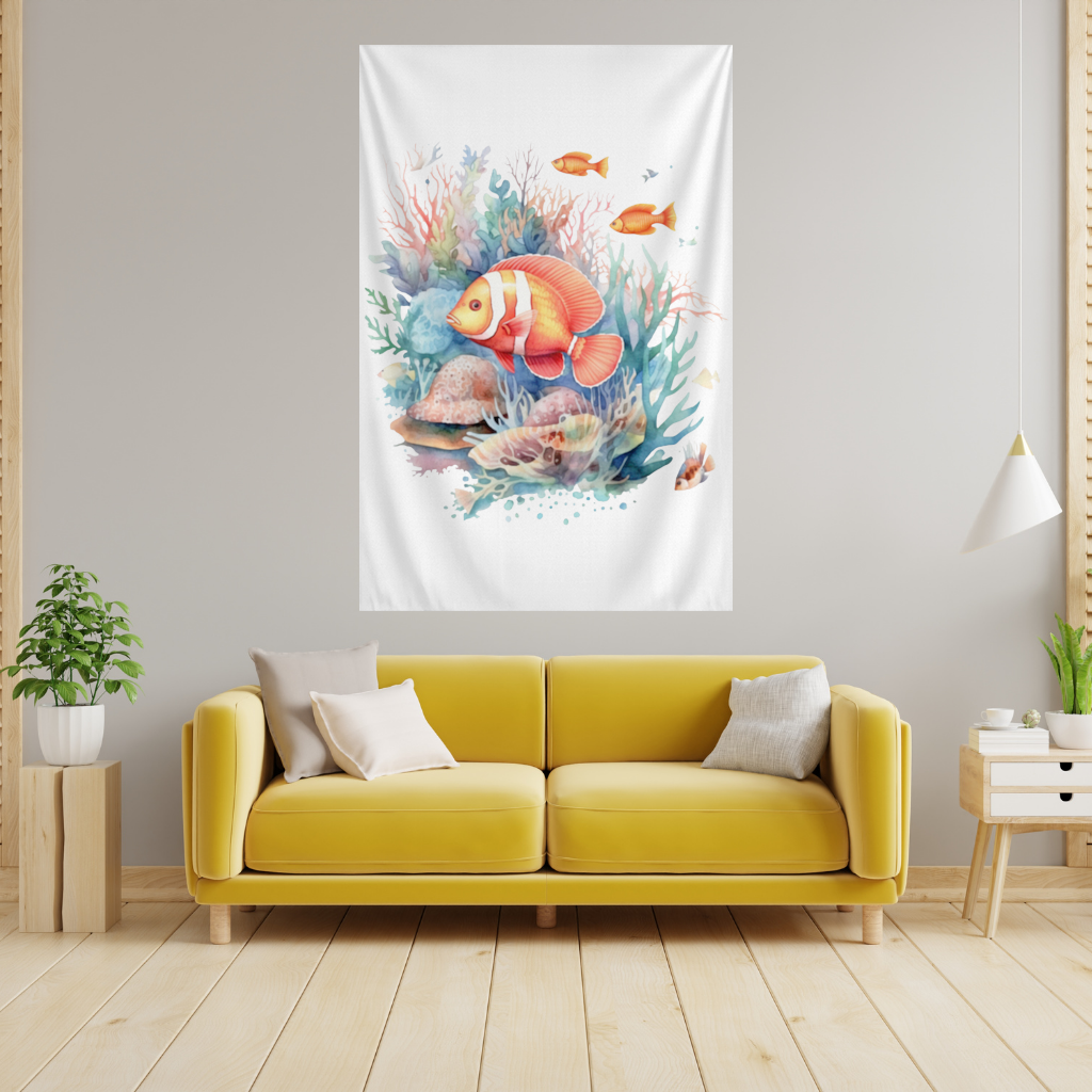 Watercolor Clownfish and Tropical Coral Reef Wall Tapestry