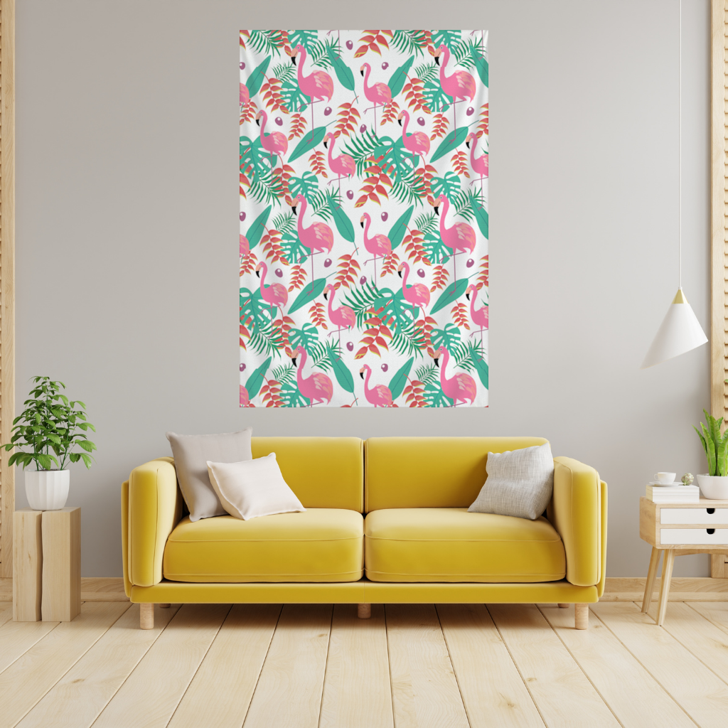 Pembe Flamingo Tropikal Yapraklar Duvar Örtüsü