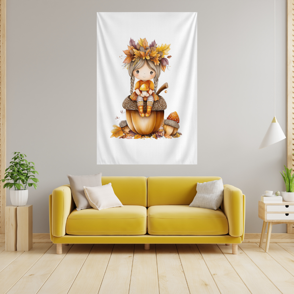 Autumn Acorn Mushroom Girl Wall Tapestry