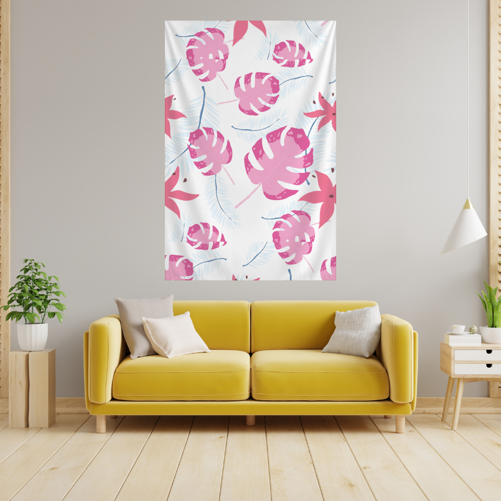 Pembe Monstera ve Tropikal Lilyum Duvar Örtüsü