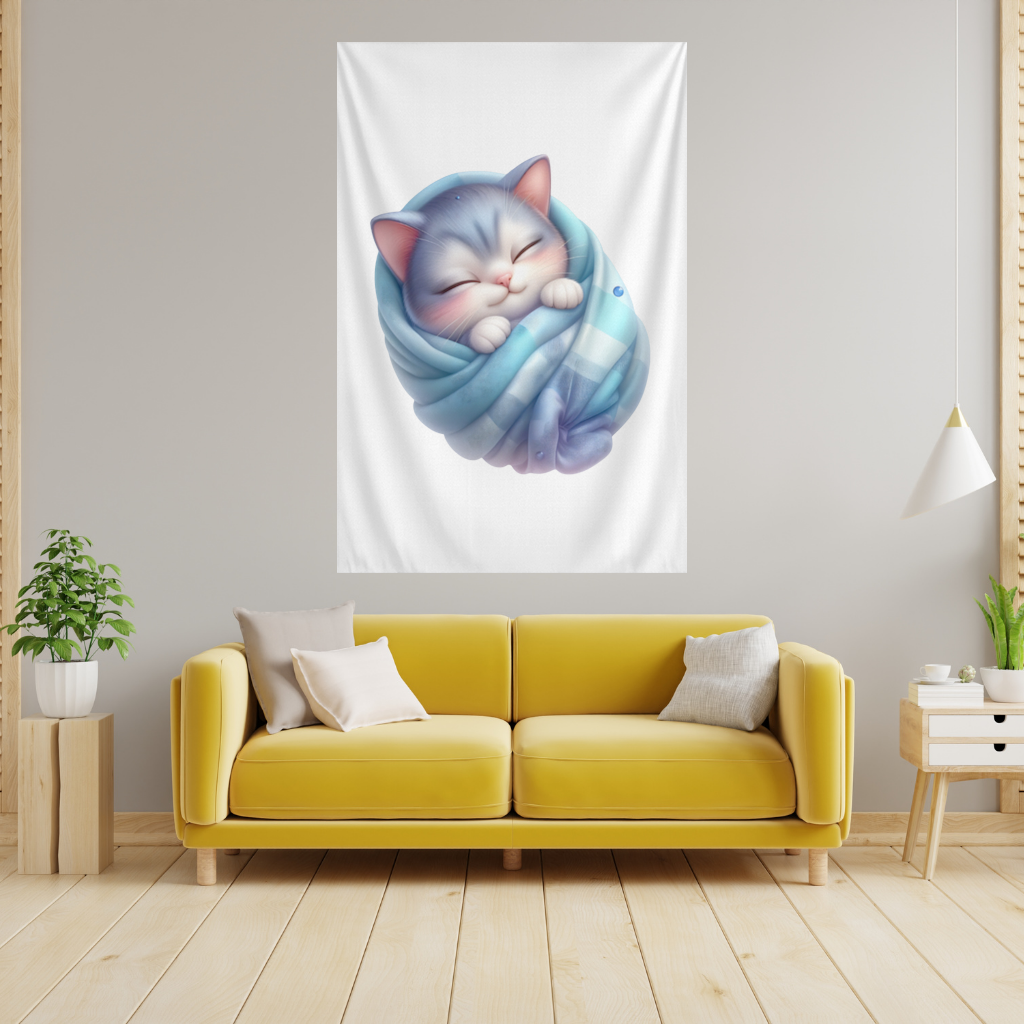 Kawaii Sleeping Kitten in Blue Swaddle Wall Tapestry