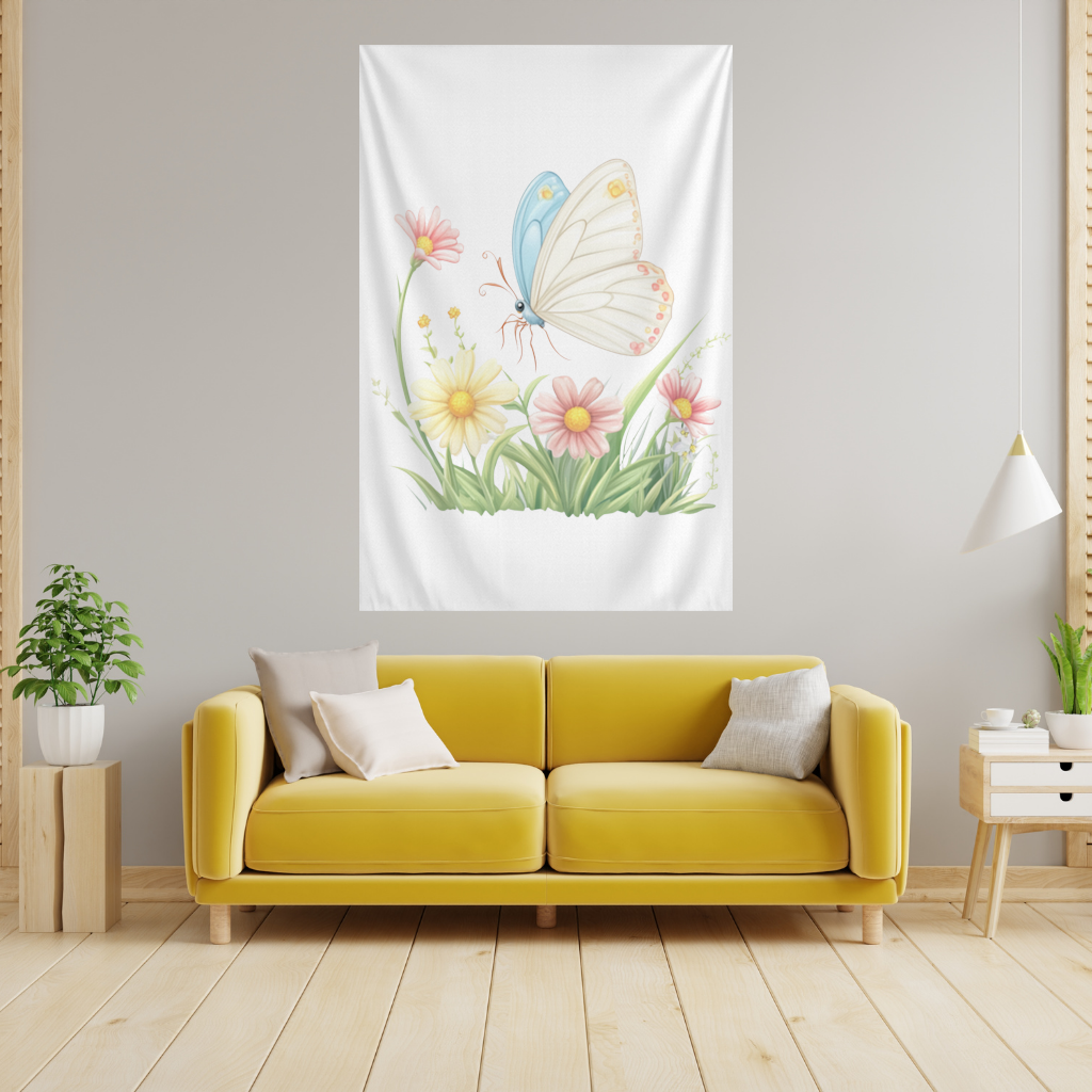Pastel Kelebek ve Kır Çiçekleri Bahçesi Duvar Örtüsü