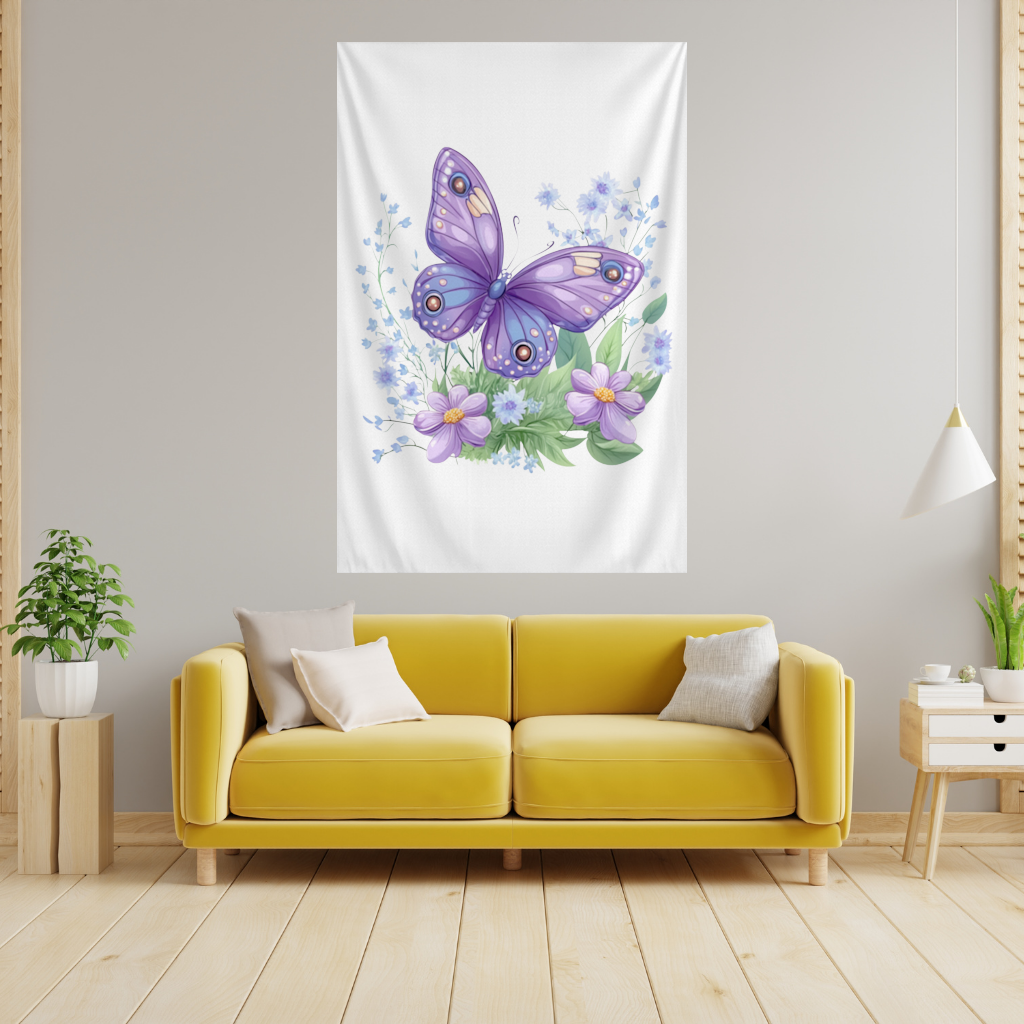 Mor Kelebek ve Mavi Kır Çiçekleri Duvar Örtüsü