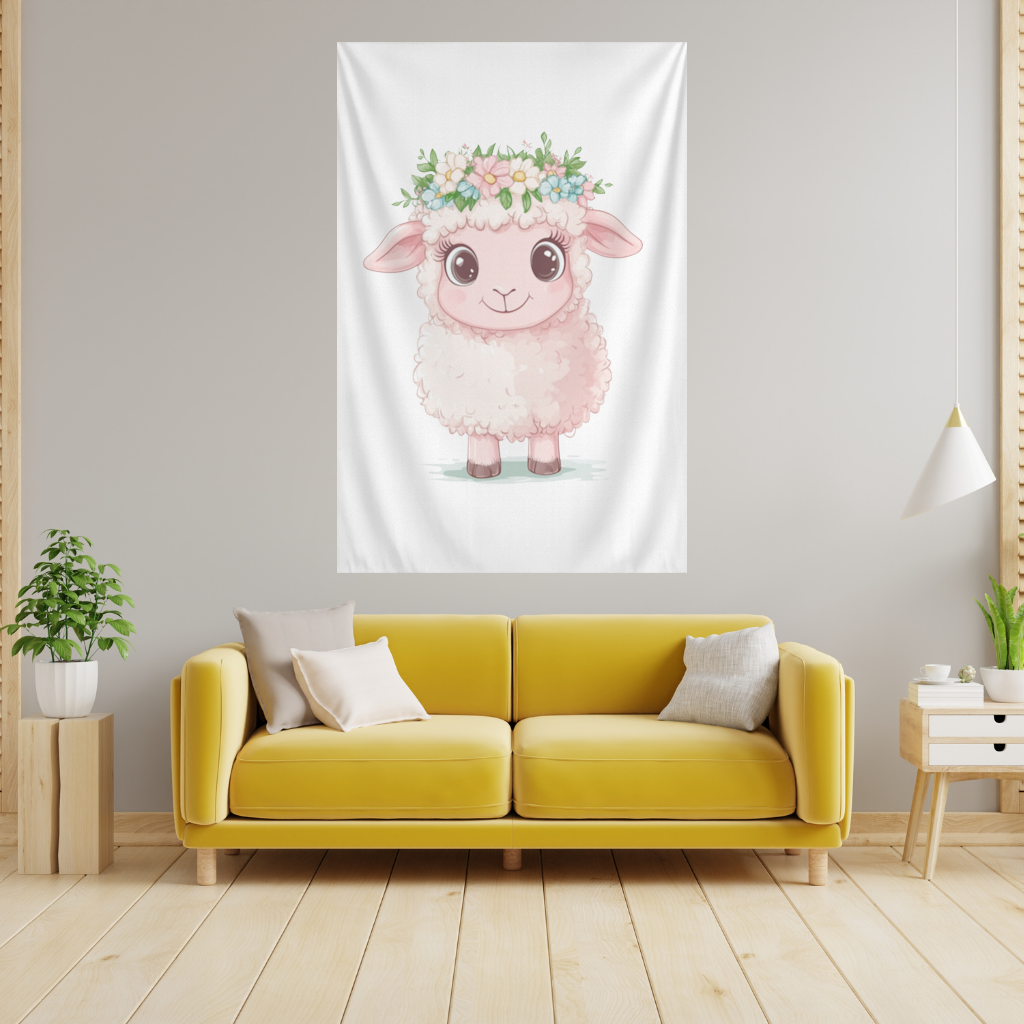 Kawaii Çiçek Taçlı Pembe Kuzu Duvar Örtüsü