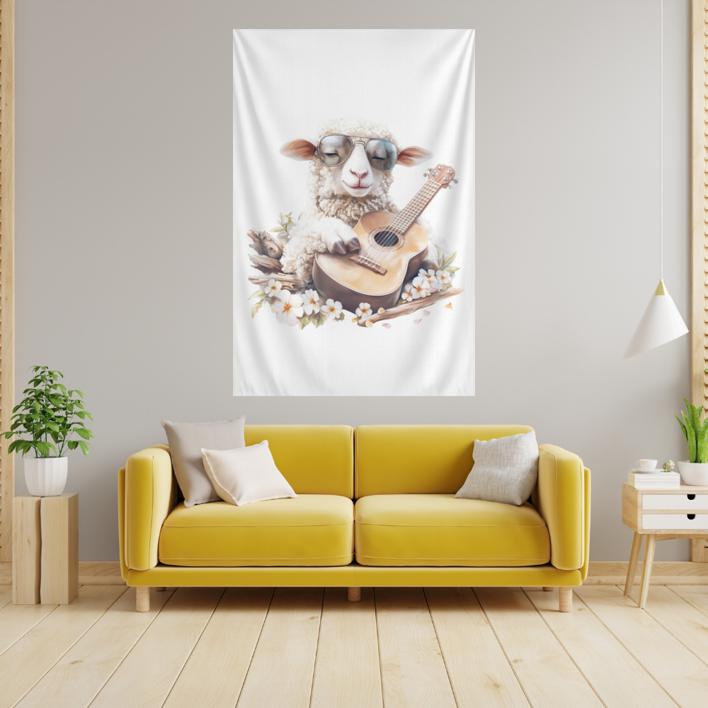 Ukulele Çalan Havalı Gözlüklü Koyun Duvar Örtüsü