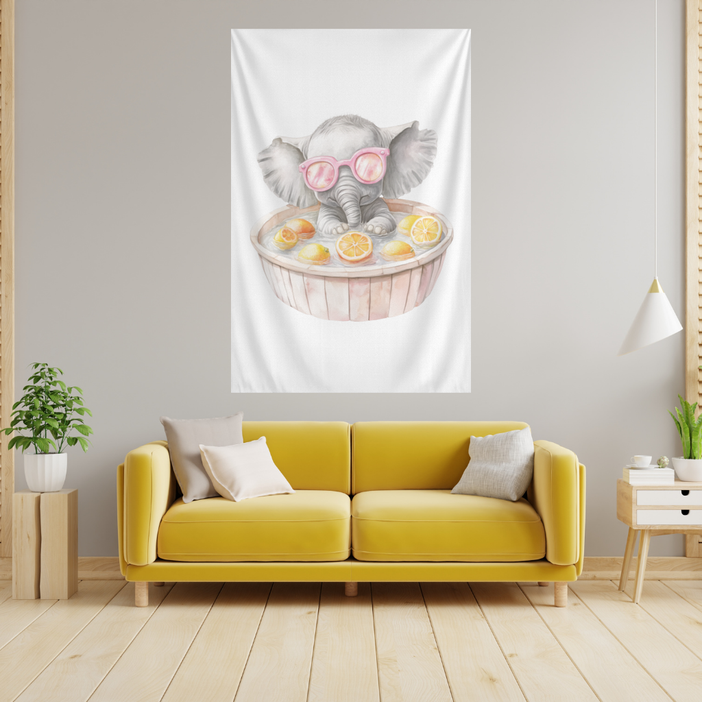 Baby Elephant in Pink Sunglasses Citrus Bath Wall Tapestry