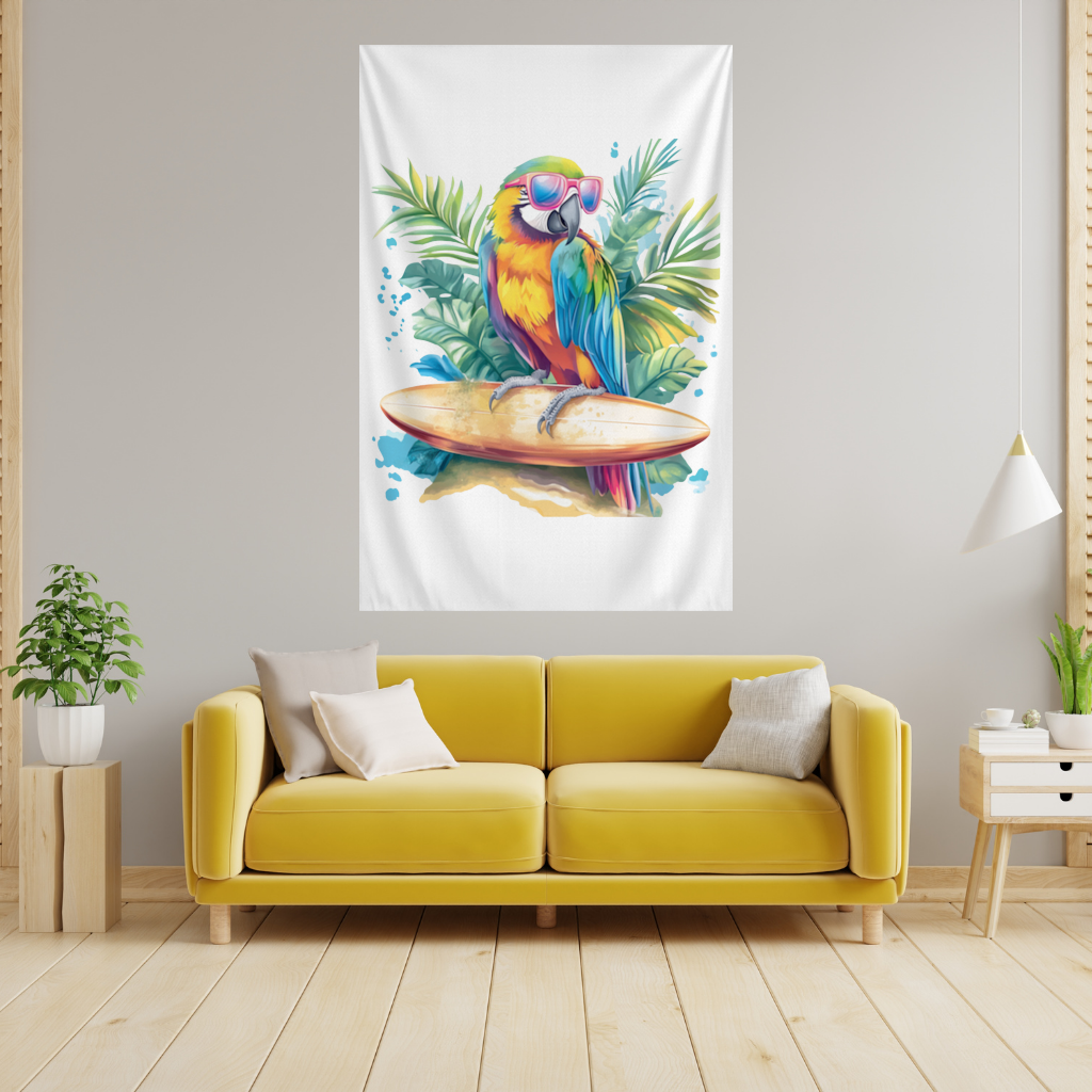 Sörf Yapan Güneş Gözlüklü Papağan Duvar Örtüsü