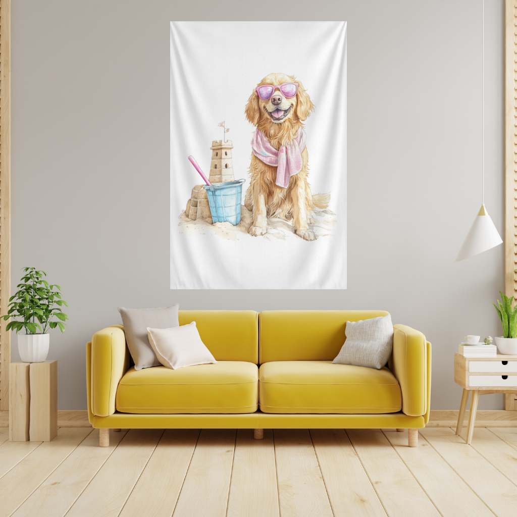 Plajda Pembe Gözlüklü Golden Retriever Duvar Örtüsü