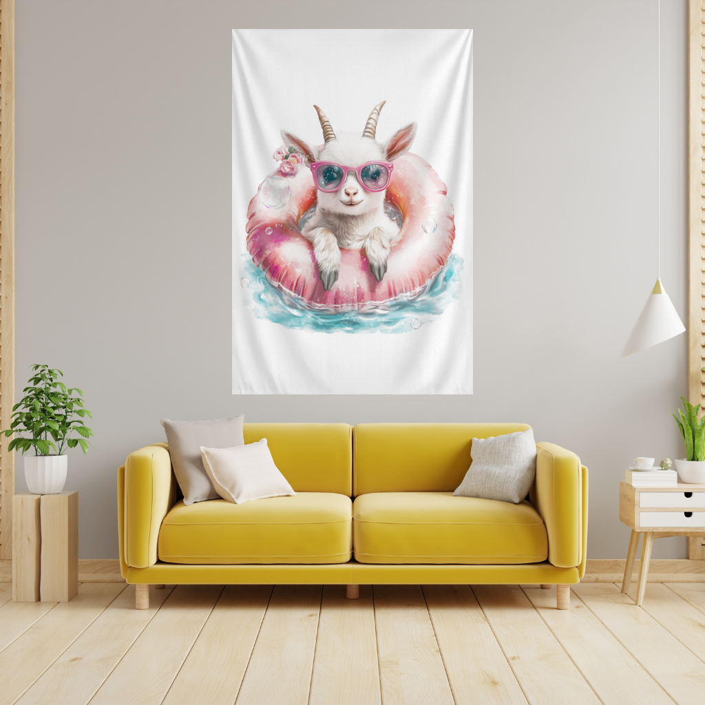 Baby Goat in Pink Pool Ring Wall Tapestry
