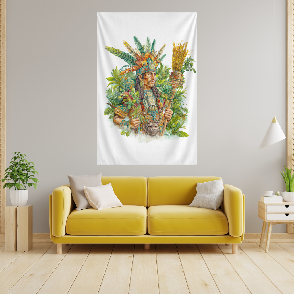 Maya Mısır Rahibi ve Tüylü Başlık Duvar Örtüsü