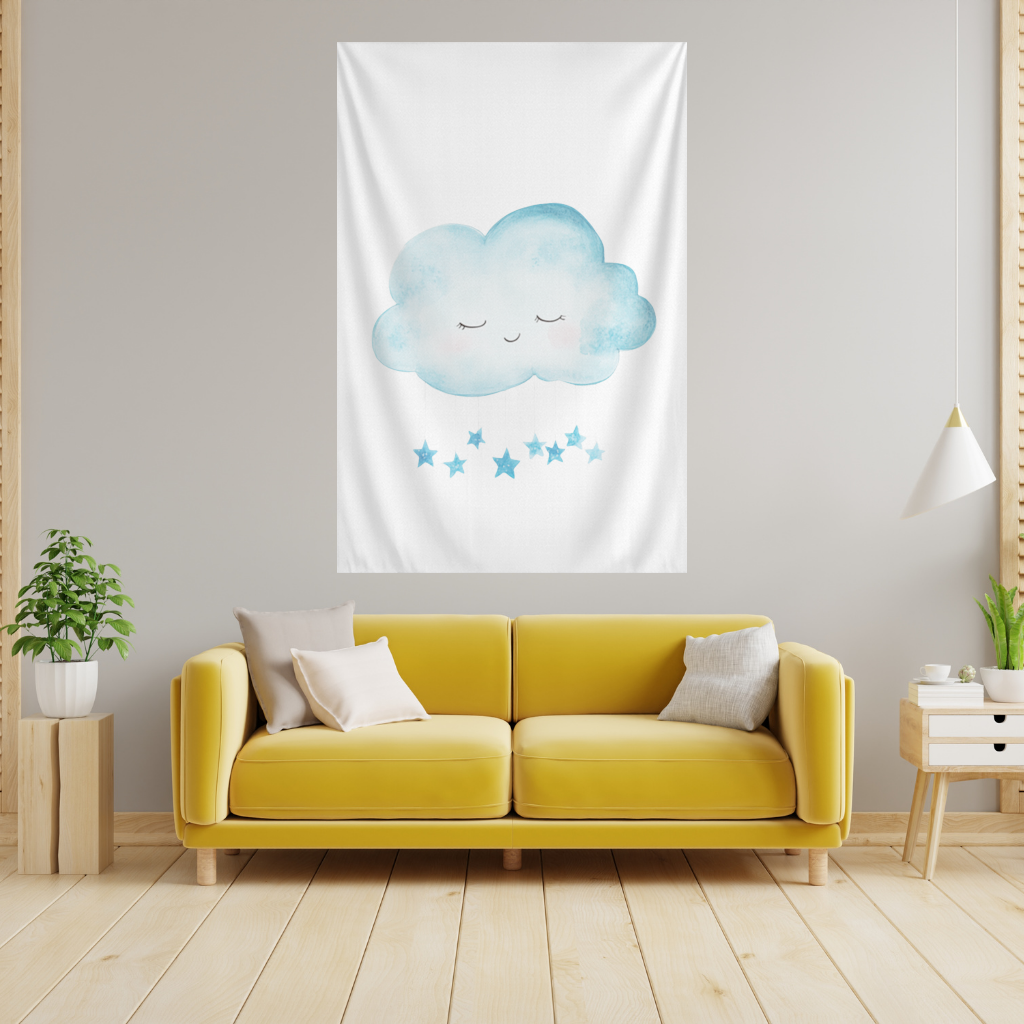 Watercolor Sleepy Cloud and Blue Stars 