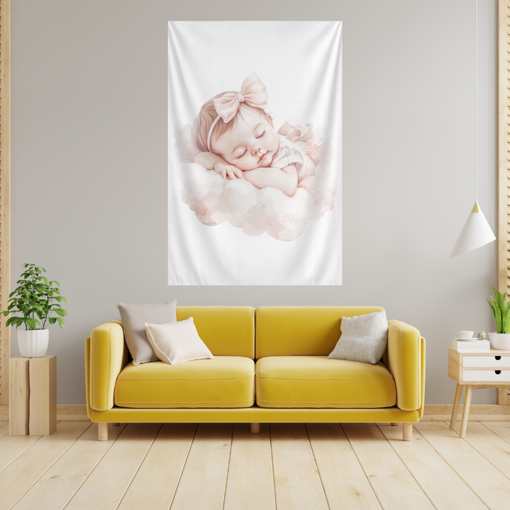 Pembe Kurdeleli Uyuyan Kız Bebek Duvar Örtüsü