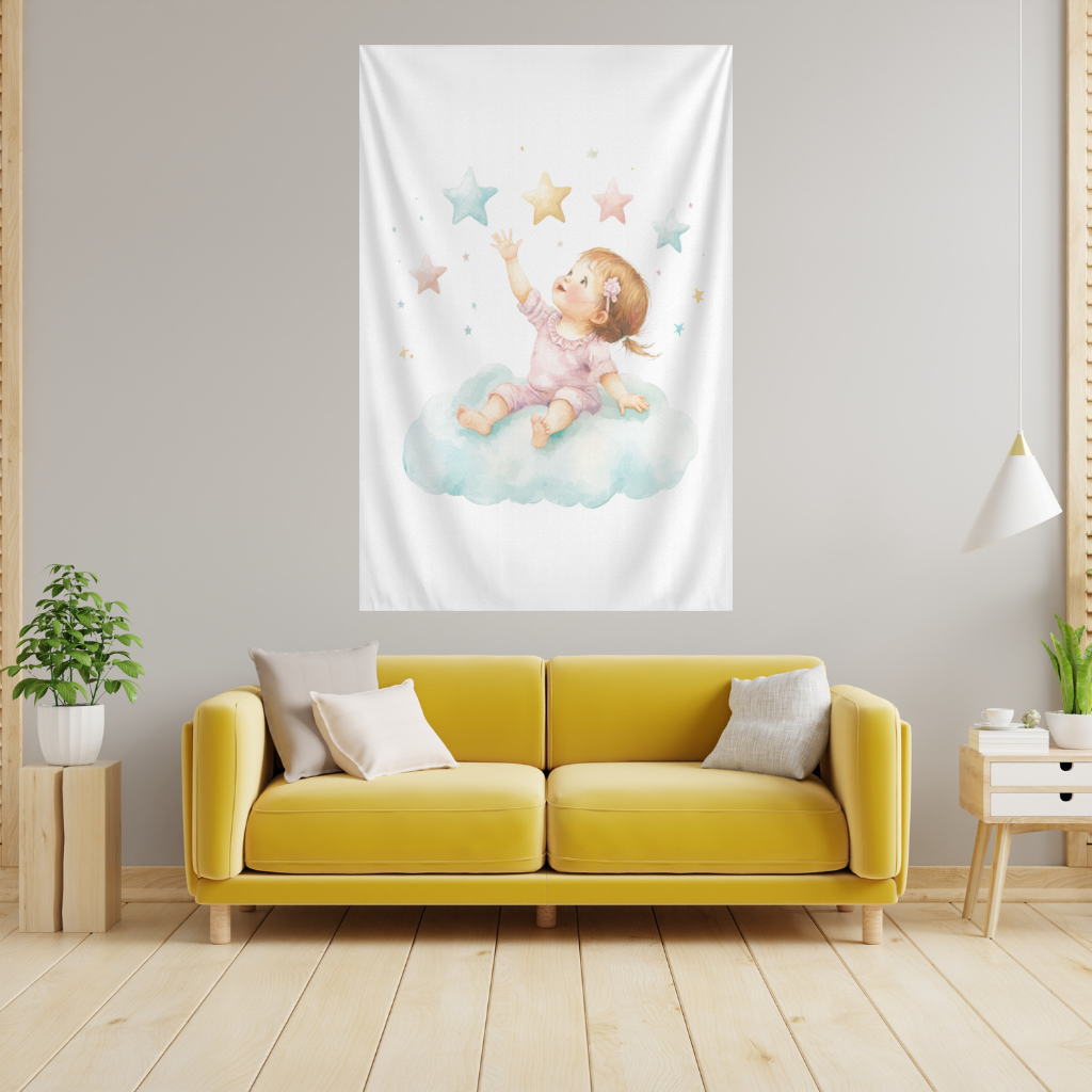 Bulut Üzerinde Yıldızlara Ulaşan Bebek Duvar Örtüsü