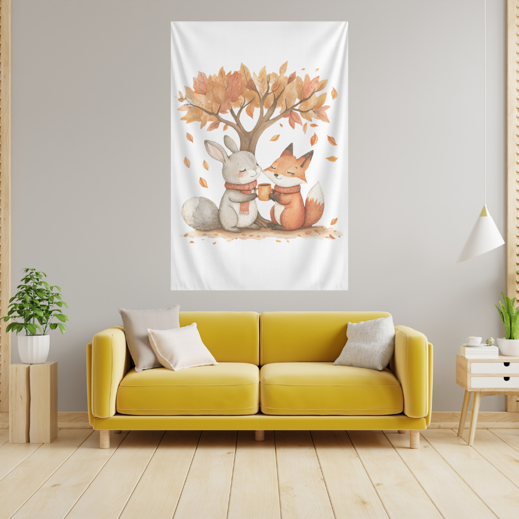 Cozy Autumn Fox and Rabbit Wall Tapestry