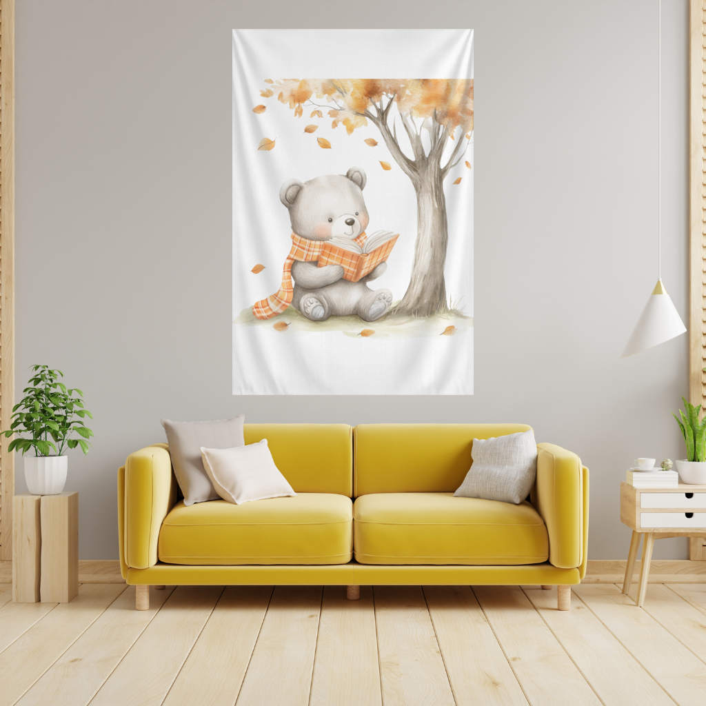 Reading Bear with Orange Scarf Wall Tapestry