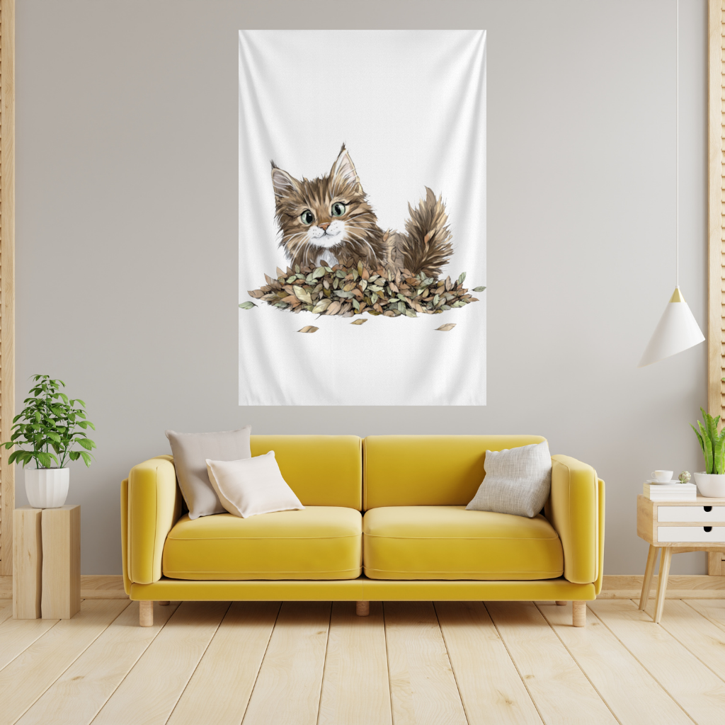 Cute Fluffy Kitten in Autumn Leaves 