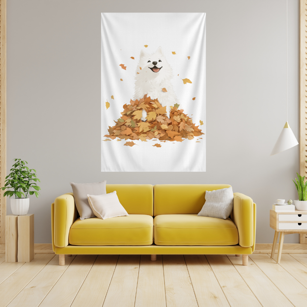 Happy White Dog in Autumn Leaves Wall Tapestry
