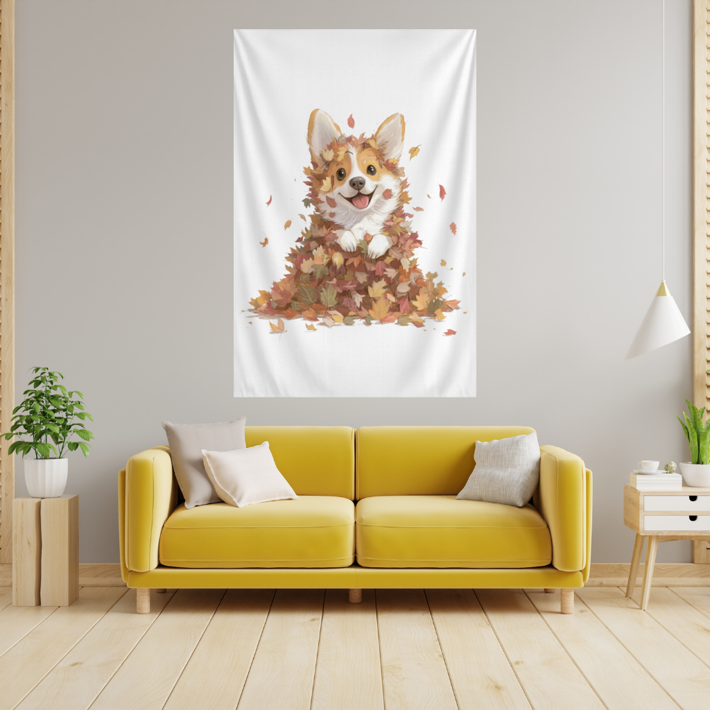 Happy Corgi Puppy in Fall Leaves Wall Tapestry