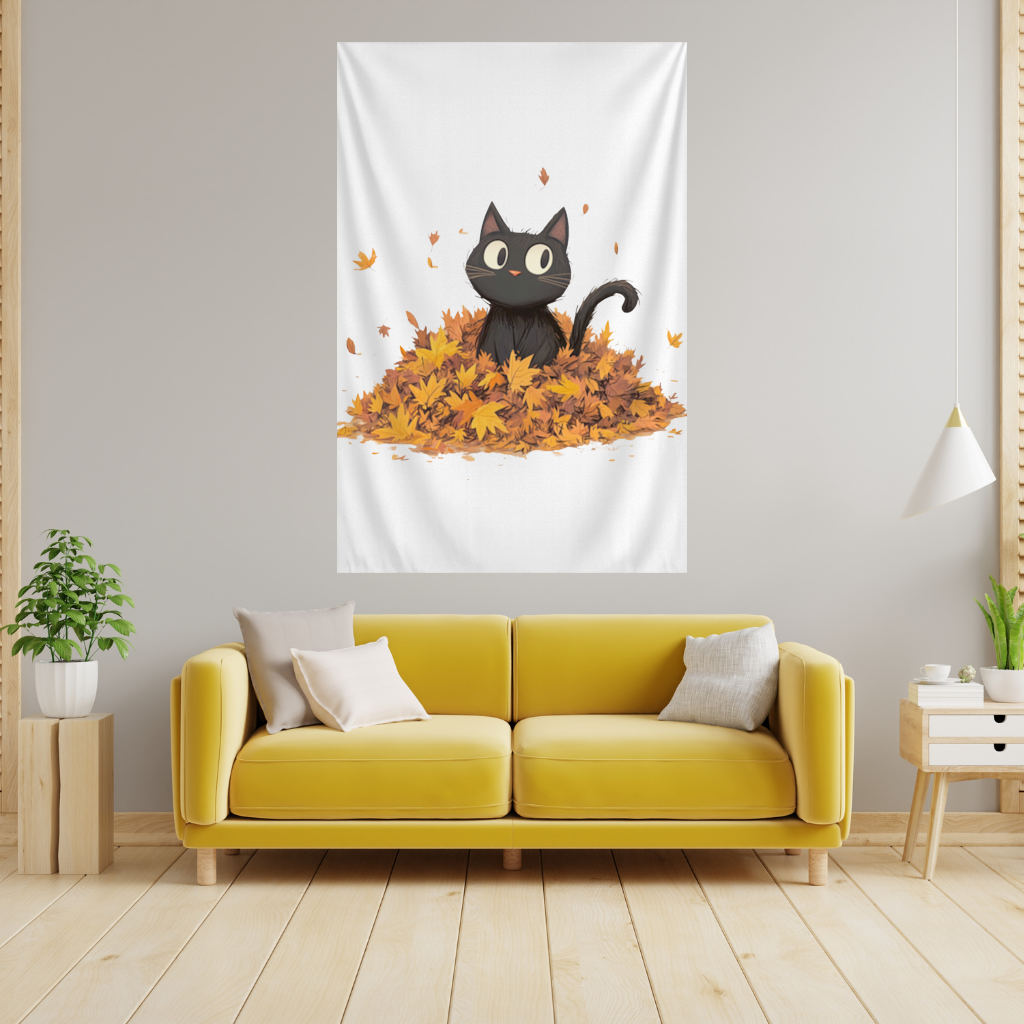 Sonbahar Yapraklarında Sevimli Siyah Kedi Duvar Örtüsü
