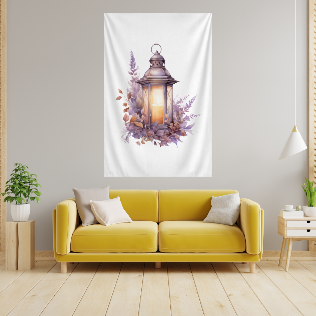 Lavanta ve Güz Yapraklı Antika Fener Duvar Örtüsü