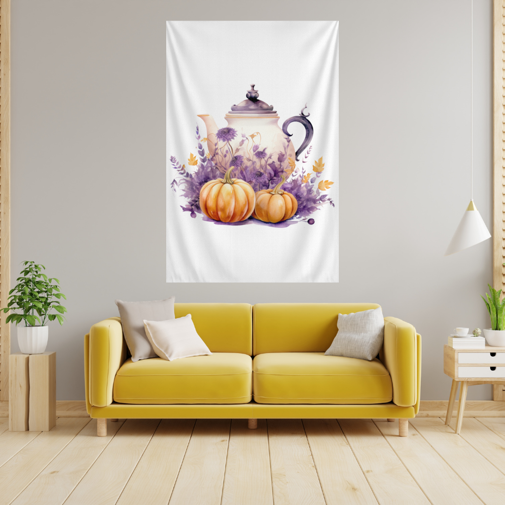 Vintage Purple Floral Pumpkin Teapot Wall Tapestry