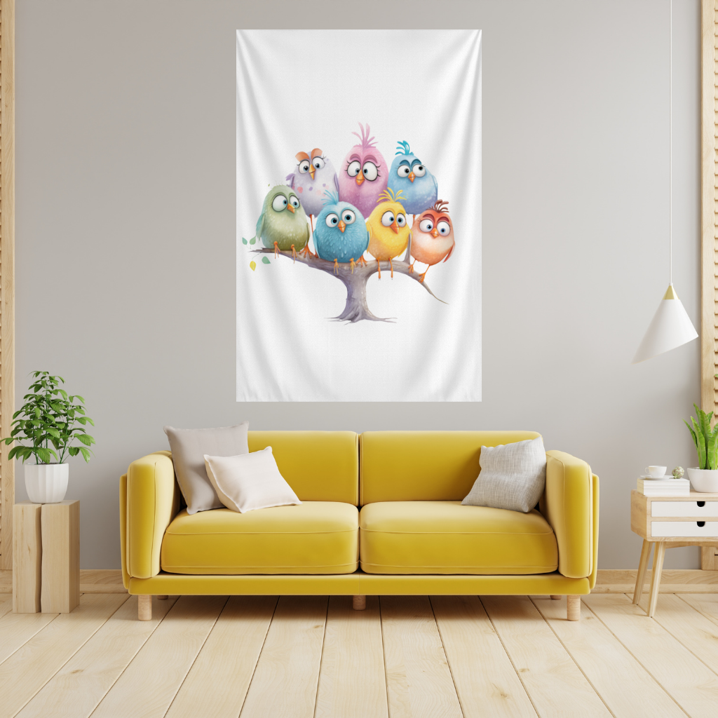 Whimsical Colorful Birds on Branch Wall Tapestry