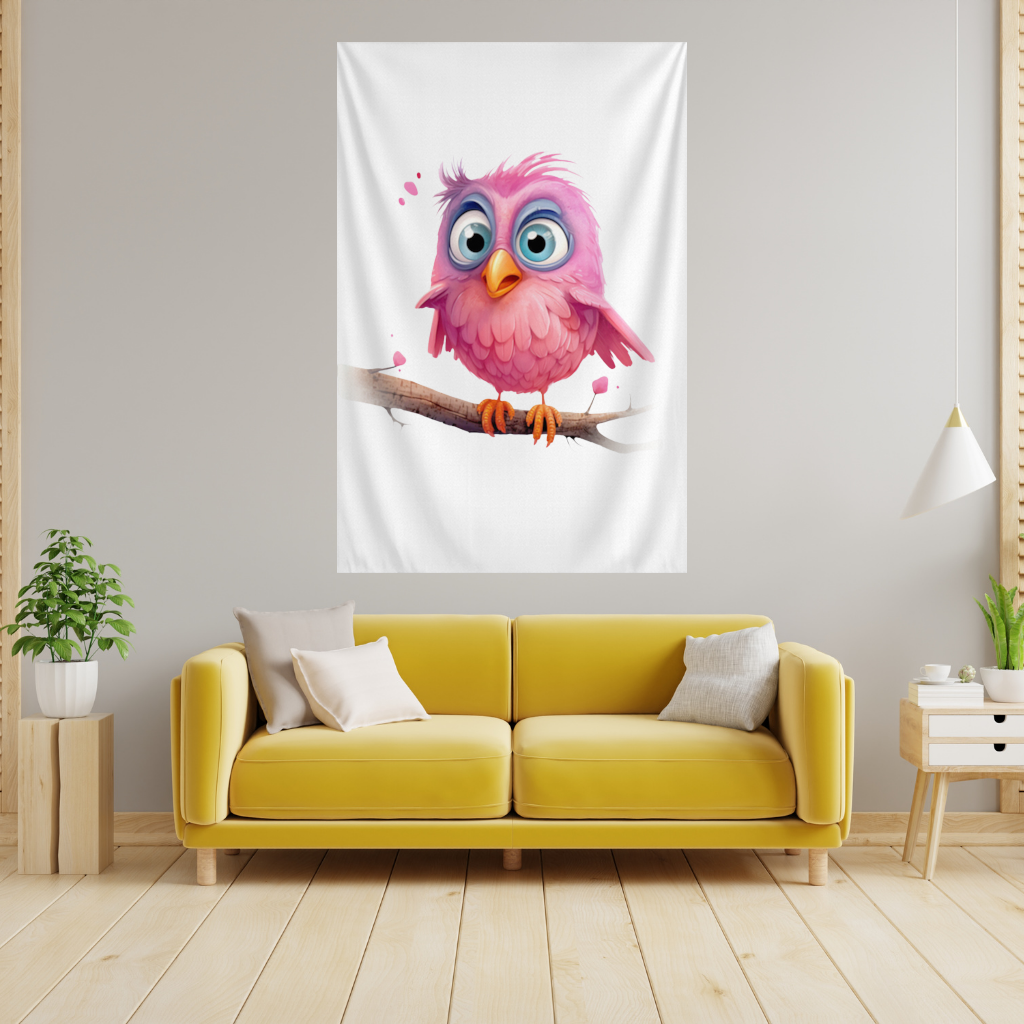 Cute Pink Bird with Large Blue Eyes Wall Tapestry