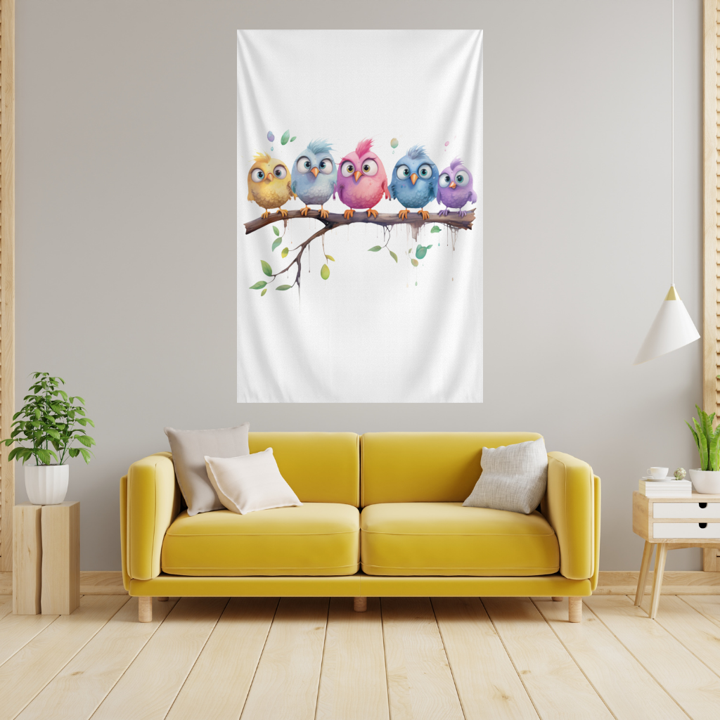Daldaki Beş Renkli Kawaii Kuş Duvar Örtüsü