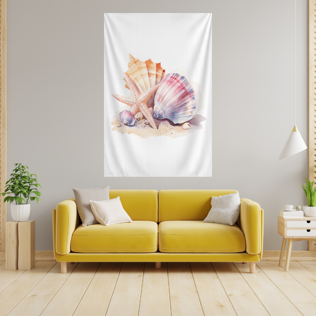 Watercolor Coastal Seashells Wall Tapestry