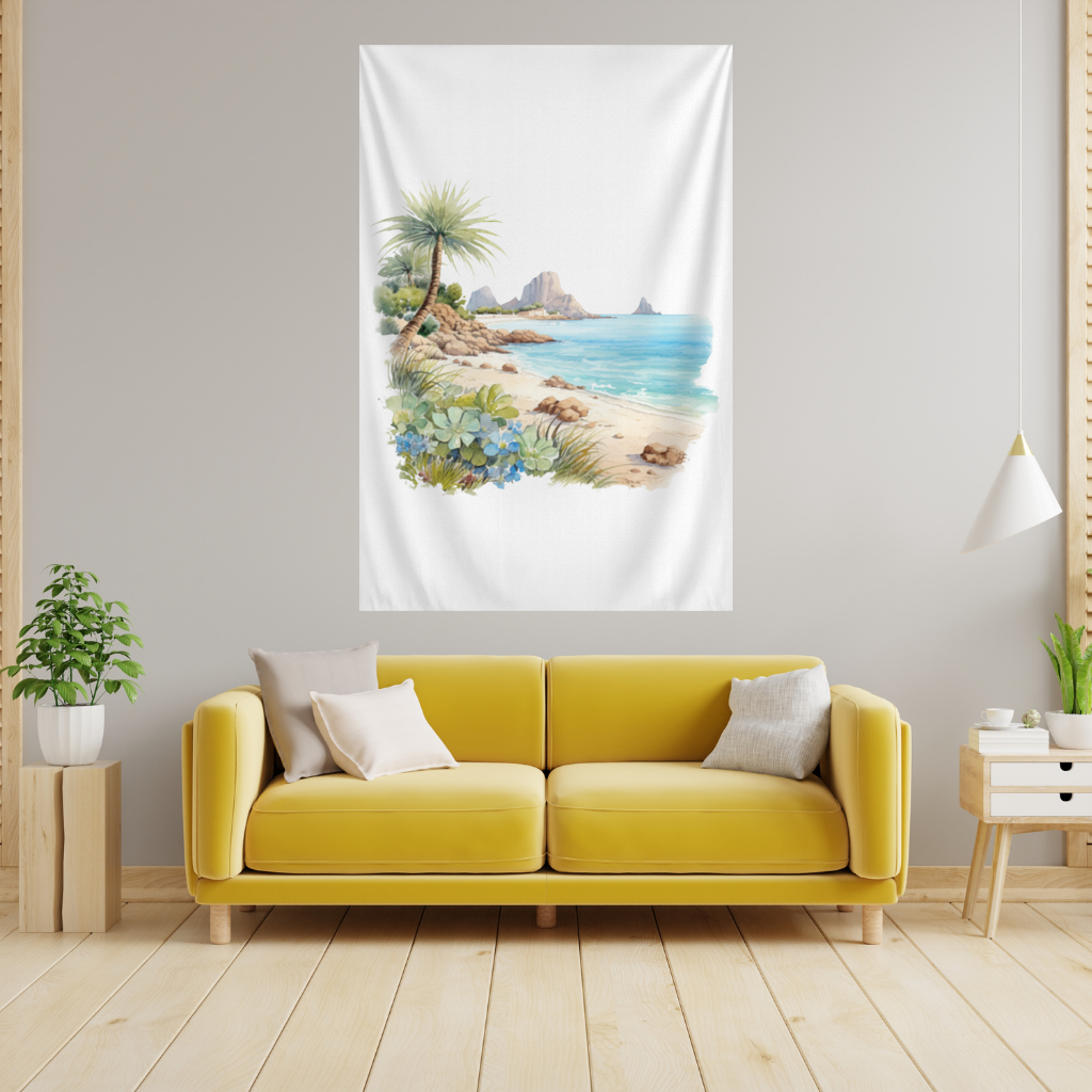 Tropical Palm Tree and Turquoise Sea Wall Tapestry