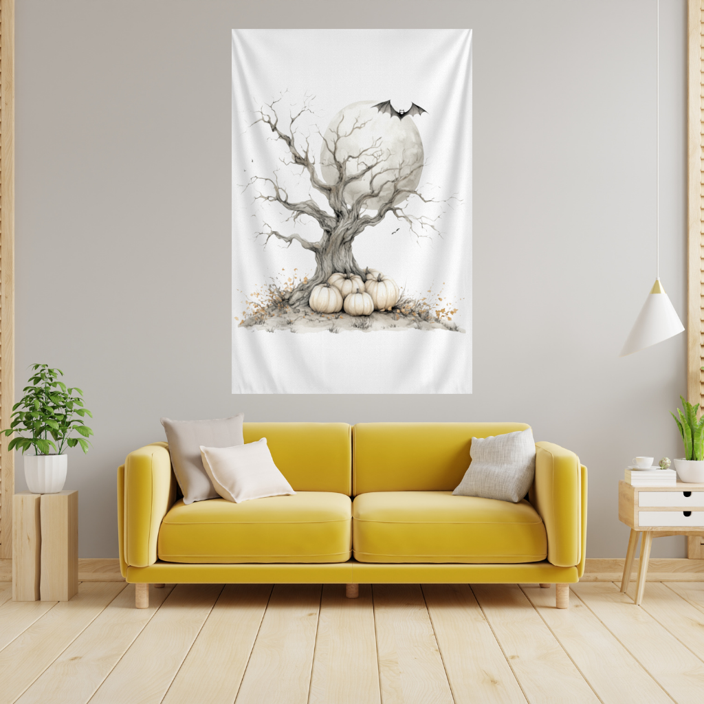 Spooky Tree with White Pumpkins Moon Wall Tapestry