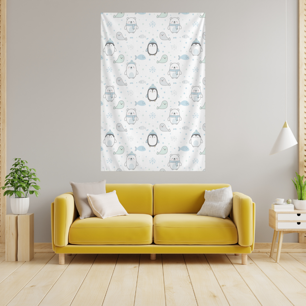 Cute Arctic Animals Winter Pattern Wall Tapestry