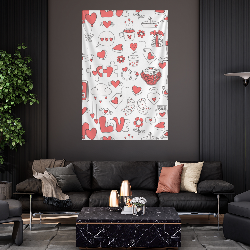 Valentines Day Doodle Love Heart Pattern Cute Design Wall Tapestry